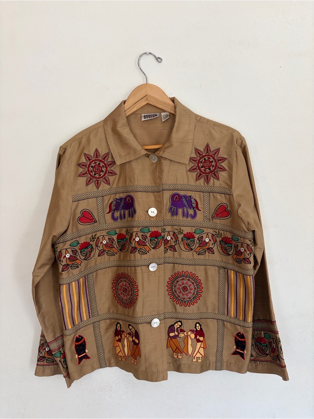 Vintage Chico's Design Embroidered Silk-Blend Button-Down Shirt